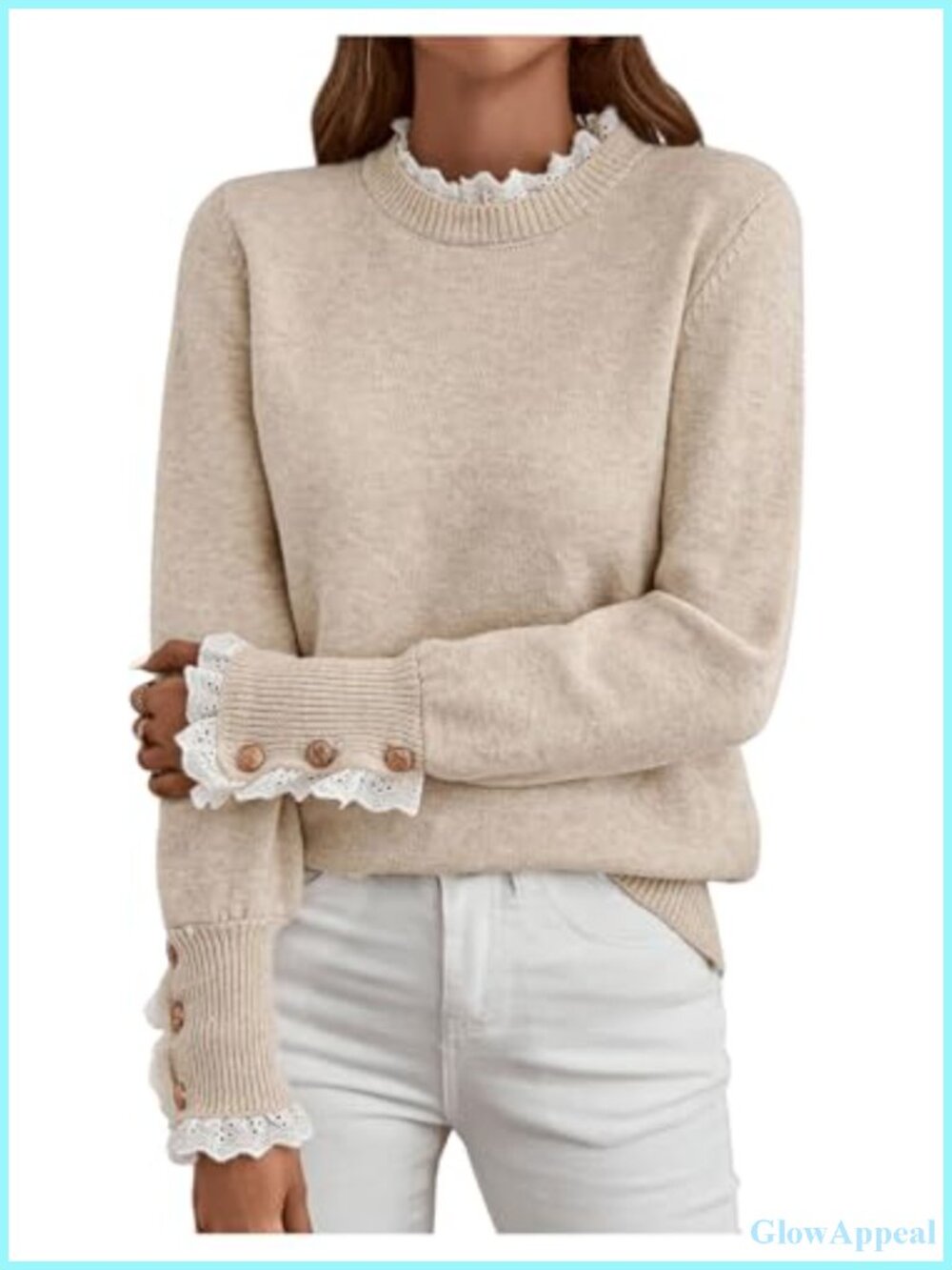 Lace Mock Neck Knit Pullover Sweater Long Sleeve Button Detail